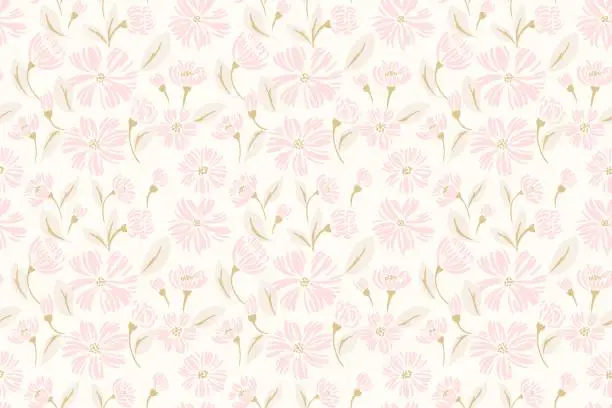 Vector illustration of Pastel soft or gently abstract flowers and buds, shapes leaves seamless pattern. Vector hand drawn sketch. Simple creative ditsy floral background. Template for designs, fashion, children textiles
