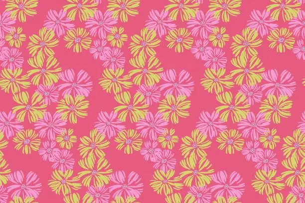 Vector illustration of Bright summer abstract flowers seamless pattern. Colorful creative shapes simple floral printing on a pink background. Template for designs, children textiles, surface design, fabric