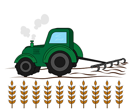 Tractor, harvester, farm, planting and harvesting wheat. Farming flat illustration.