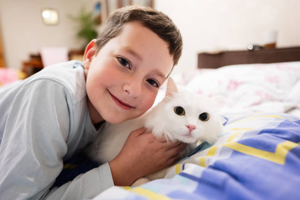 istock Smiling Boy Cuddling Adorable White Cat on Bed 2137528222