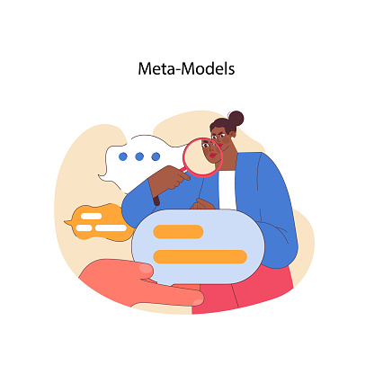 Neuro-linguistic programming meta-models concept. Analyzing language patterns and speech structure. Critical examination of communication. Clarity in thoughts and words. Flat vector illustration