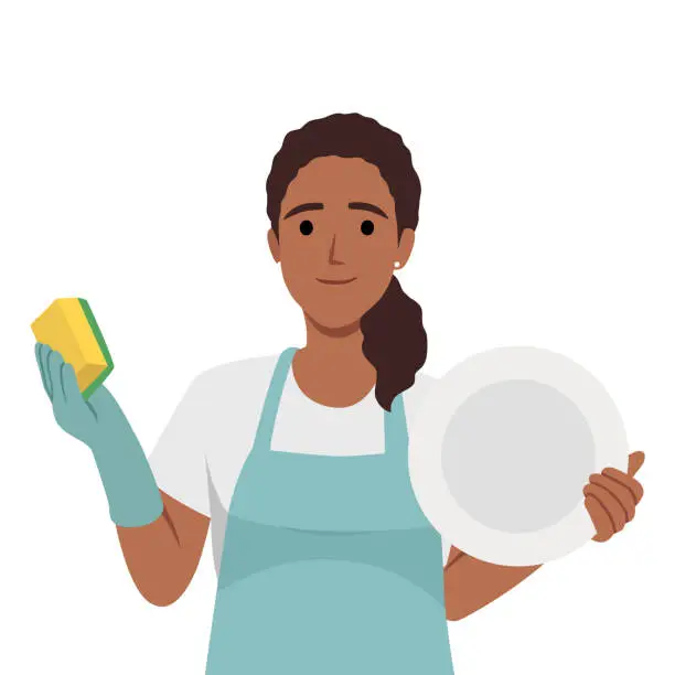 Vector illustration of Woman wearing apron holding scourer washing dishes.