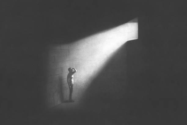 istock Illustration of lonely sad man looking out of window, abstract concept 2137532924