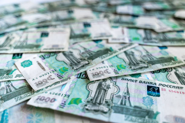 Pile of paper currency, Russian rubles, full frame abstract background