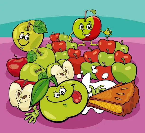 Vector illustration of cartoon green and red apples and apple pie and milk