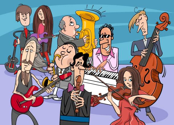istock cartoon musicians group or musical band with comic characters 2137550909
