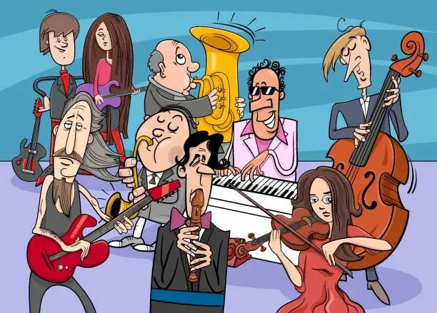 Vector illustration of cartoon musicians group or musical band with comic characters