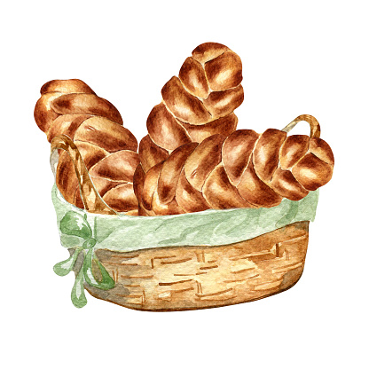 Challah bread in a straw basket watercolor illustration isolated on white background.Tradition Jewish bread for bakery hand drawn . Several challa. Element for design bakeshop, pastry, cookbook.