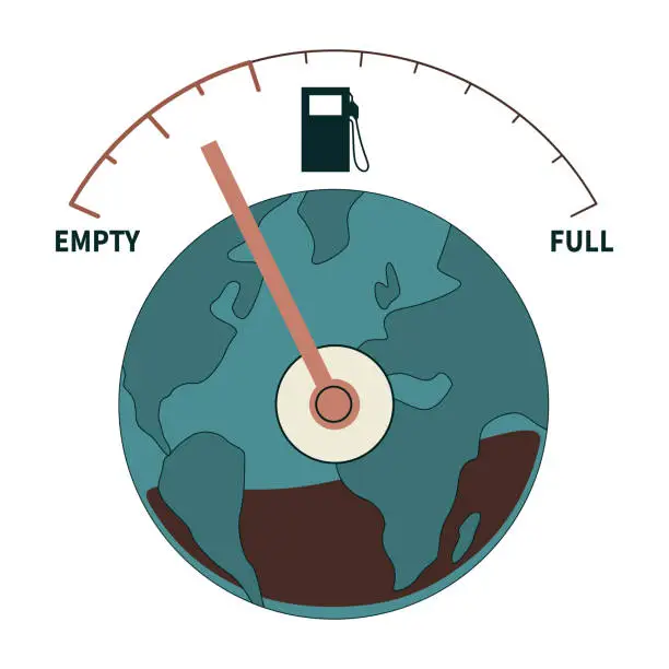 Vector illustration of Fossil fuel. Natural resource depletion. Earth as a fuel gauge almost