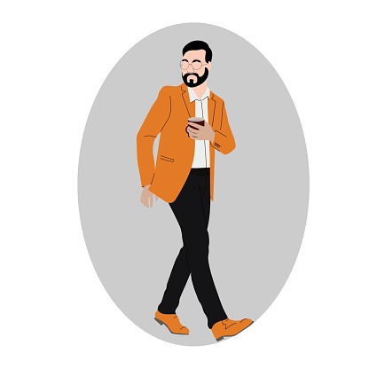 Side view of a man walking forward, turns back, with a cup of drink in his hand. Successful stylish man. Vector flat illustration isolated on white background.