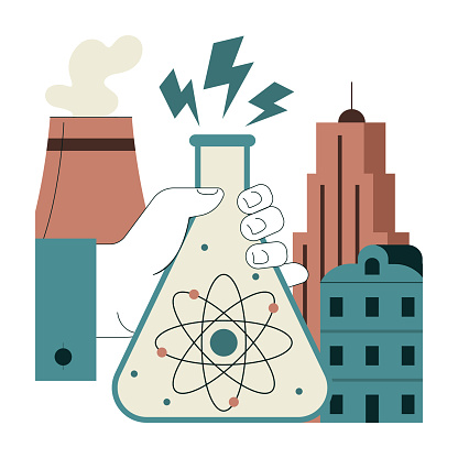 Fossil fuel. Integration of atomic or nuclear energy in modern cities. Renewable energy generation in nuclear reactor. Flat vector illustration