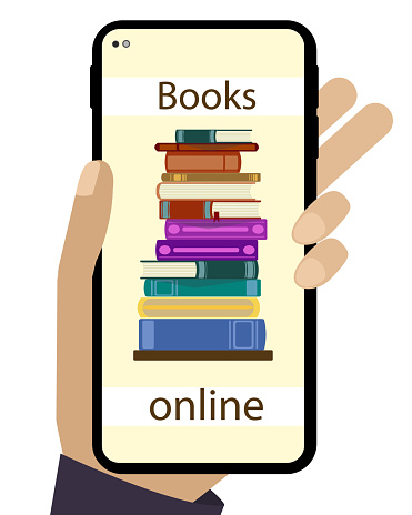 Vector flat image, illustration of online library, reading books via the Internet, smartphone in hand. Fast and affordable for everyone.