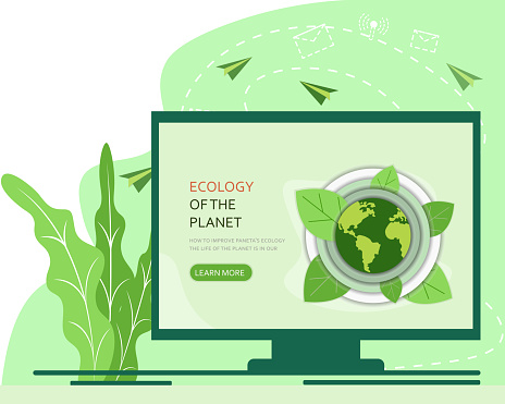 Vector illustration in a flat style. Globe in hands. Save the planet, save energy, ecology, earth day concept. Can be used for websites, banners and brochures. Online ecology theme.