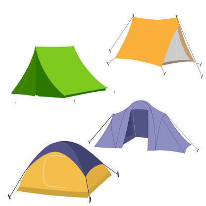 Hiking and camping tent vector icons. Triangle and dome flat design tents collection in green, blue, yellow and orange colors. Tourist camp tents set isolated on white background.