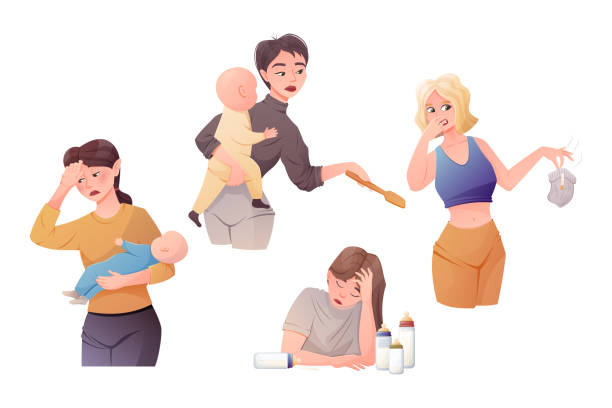 ilustrações de stock, clip art, desenhos animados e ícones de difficulties of motherhood and postpartum depression. tired women mothers with babies in their arms. doing household chores with newborns. set of vector cartoon isolated illustrations. - mother emotional stress exhaustion cooking