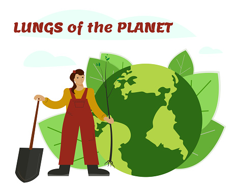 Concept banner template for website infographics, flat vector illustration, environment and ecology. People plant the planet Earth with trees. Lungs of the planet. Call for landscaping