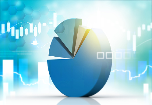 Business growth pie chart on stock market background. 3d illustration