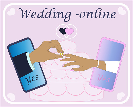 Online wedding ceremony, newlyweds put on a wedding ring on a finger, with wedding icons, communication through different devices, vector flat illustration, self-isolation due to coronavirus.