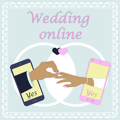 Online wedding ceremony, newlyweds put on a wedding ring on a finger, with wedding icons, communication through different devices, vector flat illustration, self-isolation due to coronavirus.