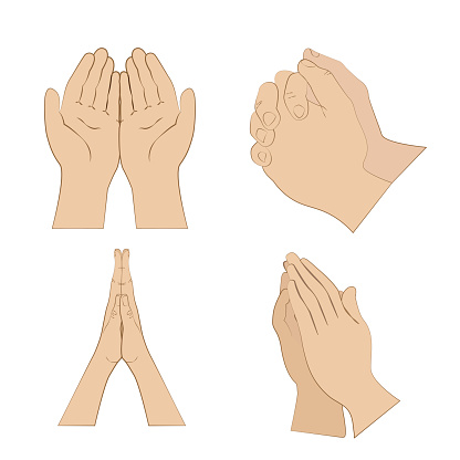 Hands folded in a prayer set. Preyer Christian. Sketch style hand drawn elements. Stock vector illustration isolated on a white background. Hands folded in prayer. Vector. Set.