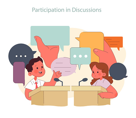 Children learn. Elementary school classes. Kids actively participating in discussions, exchanging ideas, and learning debate skills. Academic knowledge gaining. Flat vector illustration