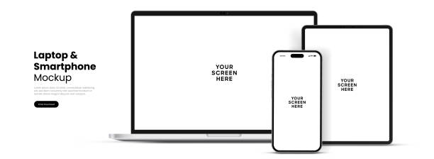 Modern laptop mockup front view and smartphone mockup high quality isolated on white background. Notebook mockup and phone device mockup for ui ux app and website presentation Stock Vector.