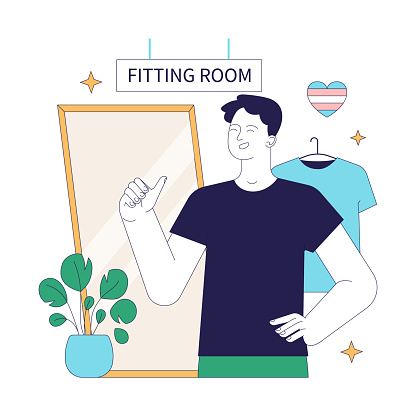 Gender transition. Gender-affirming experience for transgender man. Confident man in a male fitting room. Body positivity and self-love concept. Flat vector illustration