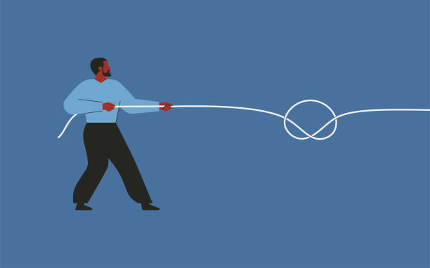 istock Tug of war. Man pulling a rope a symbol of struggle and perseverance in overcoming difficulties. Vector illustration 2137648438