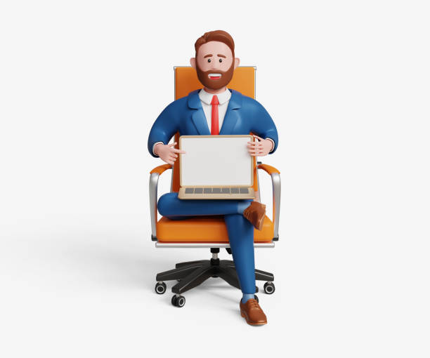 istock 3D businessman pointing finger on blank laptop screen. Entrepreneur, CEO, leadership, presentation, online education, special enrollment offer. Businessman working in office sitting in roller armchair 2137651561