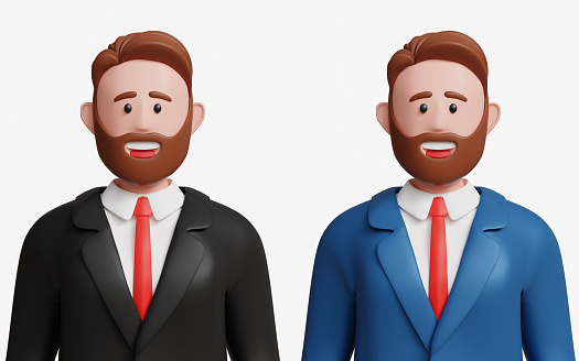 Close up portrait of 3d young bearded businessman in black and bkue suit with confident smile. Entrepreneur, CEO, leadership, team worker, successful, management concept. 3D happy businessman avatar