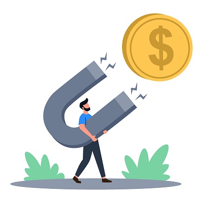 Flat vector illustration. Man big magnet attracts money, concept of big earnings