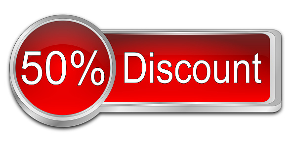 50% discount button red - 3D illustration