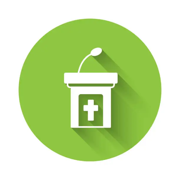 Vector illustration of White Church sermon tribune icon isolated with long shadow background. The podium of the preacher in the church. Green circle button. Vector