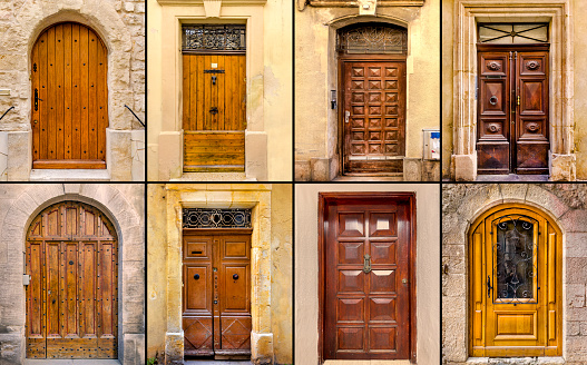 Close up hardwood house doors in France