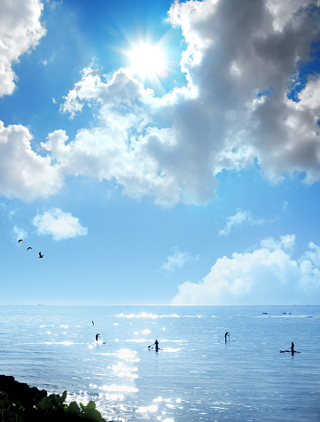 seascape image of silhouetted people relaxing in sea over sunny morning sky
