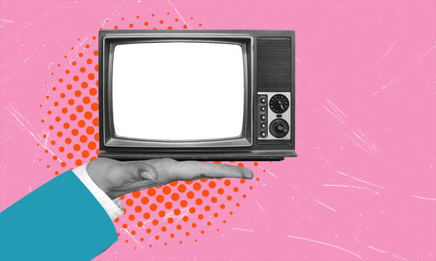 istock Art collage, TV in hand on pink background with copy space. 2137689971