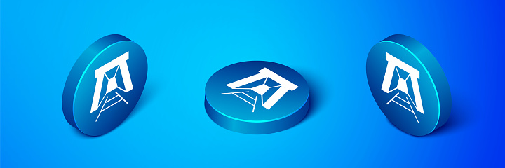Isometric Mine entrance icon isolated on blue background. Blue circle button. Vector.