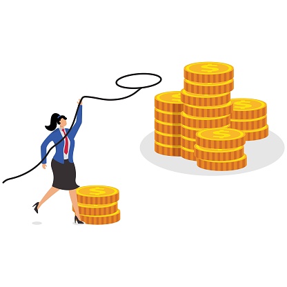 Businesswoman holding rope lasso for money, cashing out business project, return on investment, looking for opportunity to make money