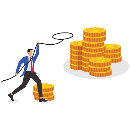 Businessman holding rope lasso for money, cashing out business project, return on investment, looking for opportunity to make money