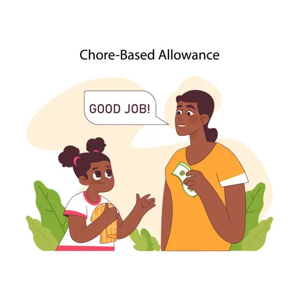 Vector illustration of Chore-based allowance concept. Proud mother rewards diligent daughter