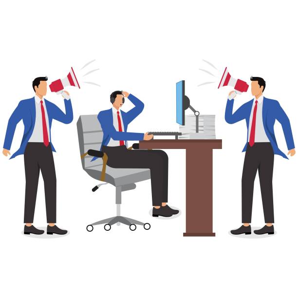 illustrations, cliparts, dessins animés et icônes de marketing strategy, media advertising message bombardment, debt or work project rush, hand holding megaphone to businessman incessantly talking and complaining - do not disturb sign audio