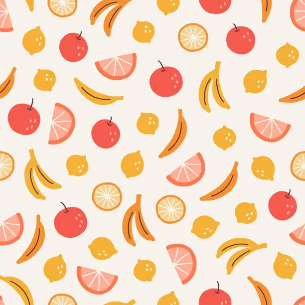 Vector illustration of Summer seamless pattern with orange, lemon, banana on white background