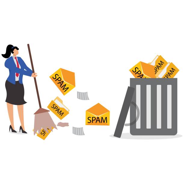 clean out junk files and junk messages, annoying web digital spam, overloaded spam and junk messages - sweeping cleaning e mail clean stock illustrations