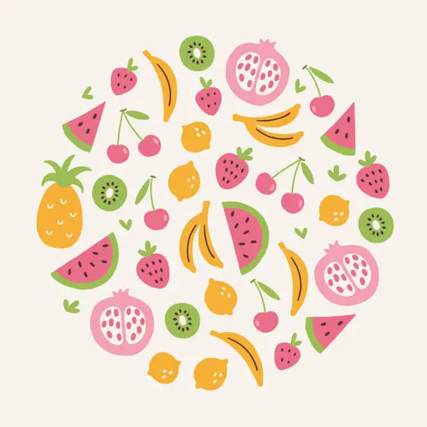 Vector illustration of Summer greeting card with pineapple, watermelon, cherry, kiwi, pomegranate, banana