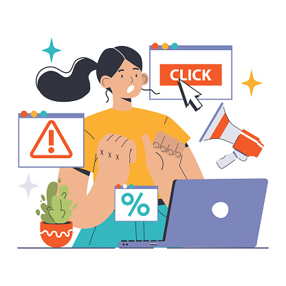 Adware alert concept. Concerned user encounters intrusive ads and pop-ups, pointing to the importance of digital privacy. Guard against unwanted promotions. Flat vector illustration