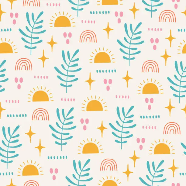 Vector illustration of Summer seamless pattern with sun, rainbow, stars, leaves. Vector illustration