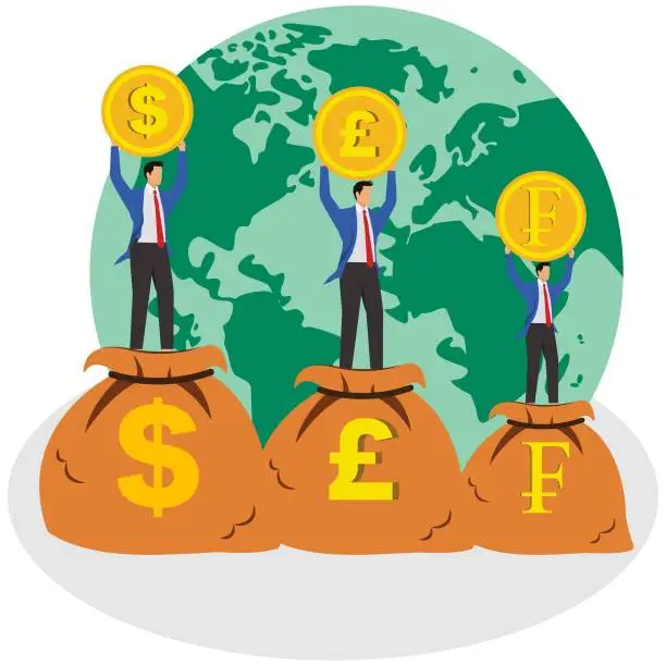 Vector illustration of Global financial economy development and money investment saving, three businessmen holding gold coins of different currencies standing in front of three money bags, residents investing and saving