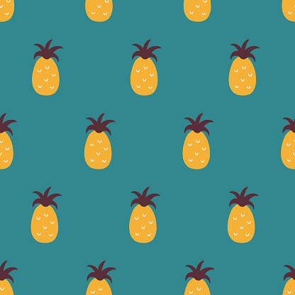 Summer seamless pattern with pineapples on turquoise background. Perfect for seasonal greetings, wallpaper, wrapping paper, fabric. Vector illustration