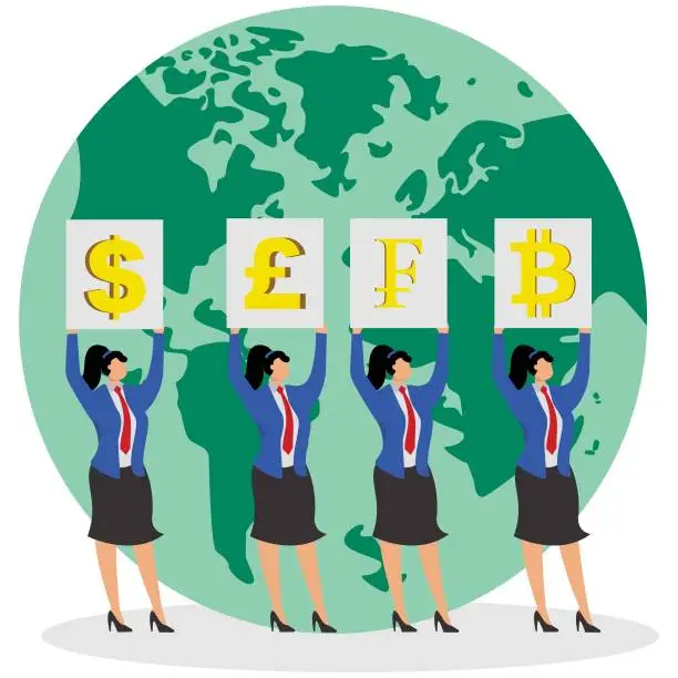 Vector illustration of Global business financial currency, global economic stimulus and rise, a group of businesswomen stand in a row holding cardboards with currency symbols.