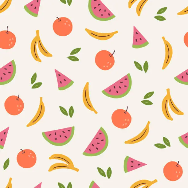 Vector illustration of Summer seamless pattern with watermelon, banana, orange, leaves. Vector illustration